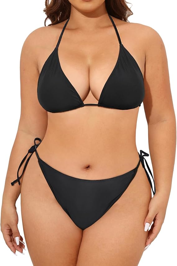 Tempt Me Women Plus Size Triangle Bikini String Two Piece Halter Tie Side Swimsuit Black 18 Plus