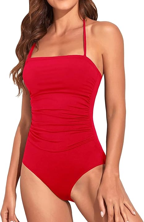Holipick Women Red Bandeau One Piece Swimsuits Tummy Control Bathing Suits Halter Strapless Swimwear XS