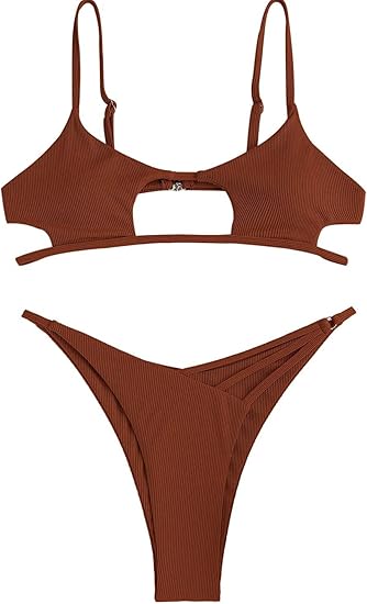 ZAFUL Women's Sexy Cutout Bikini Thong Bikini Set Tie Back Two Piece Swimsuit Bathing Suit (1-Deep Coffee,M)
