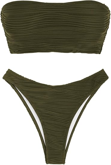 ZAFUL Women Strapless Textured Bandeau Bikini 2 Piece Swimwear Cheeky Solid Lace up Bathing Suits(1-ArmyGreen,M)