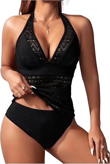 GORGLITTER Women's Crochet Halter Ruffle Tankini High Waisted Thong Swimsuits Sexy Lace Summer Bathing Suit Solid Black Large