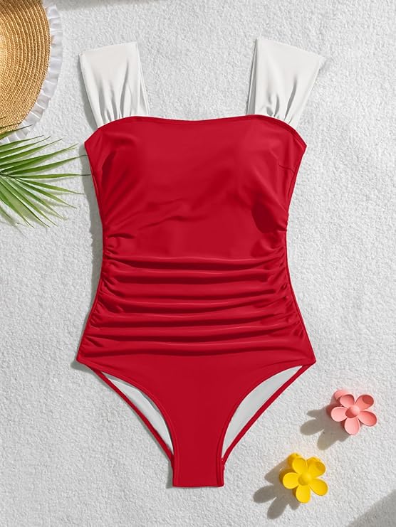 B2prity Womens One Piece Swimsuit Retro Square Neck Tummy Control Bathing Suits Ruched Modest Full Coverage Swimwear Red,White XL