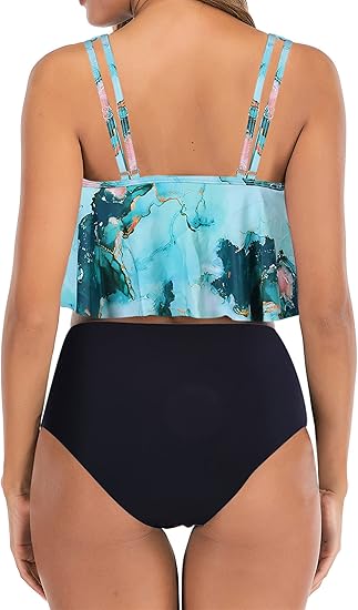 Womens High Waisted Swimsuits Flounce Swimwear Racerback Tankini Tummy Control Bikini Bottoms Vintage Two Piece Modest Bathing Suits Green Gold L