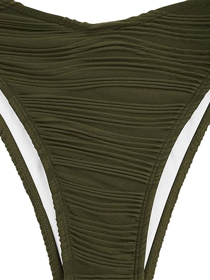 ZAFUL Women Strapless Textured Bandeau Bikini 2 Piece Swimwear Cheeky Solid Lace up Bathing Suits(1-ArmyGreen,M)