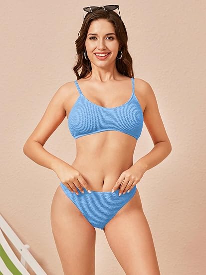 SOLY HUX Bikini Sets for Women Solid Textured Bikini Bathing Suits 2 Piece Swimsuit Plain Blue M