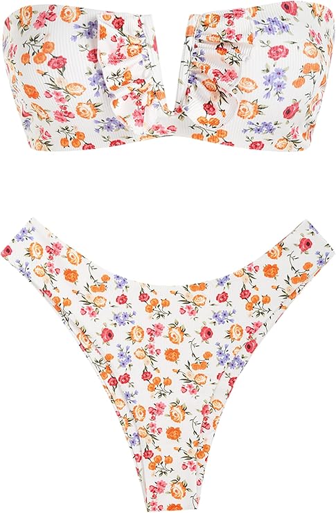 ZAFUL Women's Floral Ribbed V Wired Lace Up Ruffle Tie High Leg Bandeau Swimsuits Bikini Set(4-White, SMALL)
