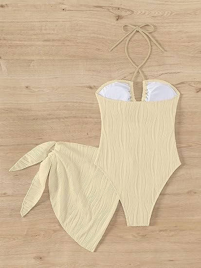 SKAYS Womens One Piece Swimsuit Texture Hollow Out Halter Neck Solid Color Bathing Suit with Cover-Up 2-Piece Sets Swimwear Apricot S