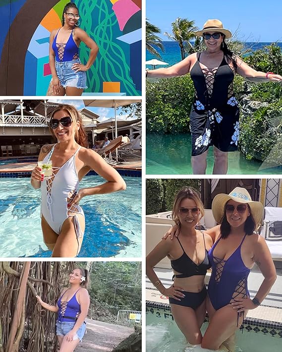 Tempt Me Women Black Sexy Lace Up One Piece Swimsuit Deep Plunge V Neck High Cut Bathing Suits XXL