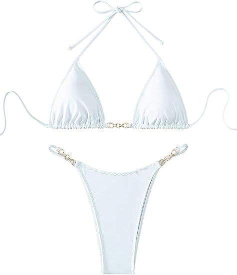 SHENHE Women's Sexy Bikini Sets Ring Triangle Tie Bathing Suits 2 Piece Swimsuit Chain Linked White L