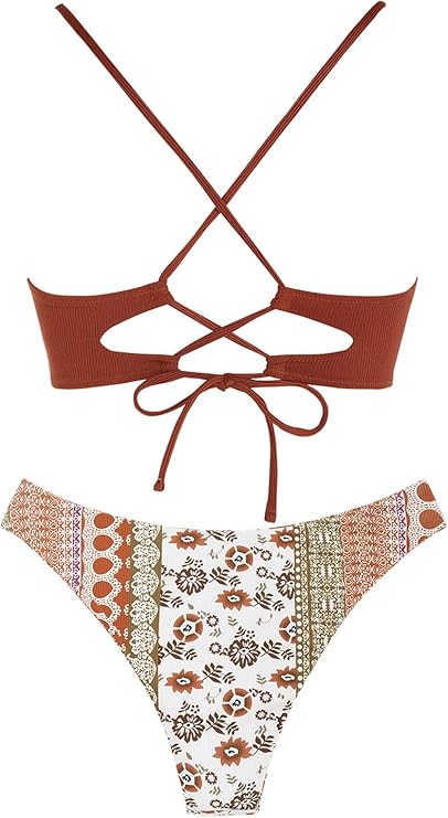 ZAFUL Women's Sexy Boho Ethnic Triangle String Bikini Set Ribbed Lace Up Two Piece Swimsuit Padded High Cut Cinched Bathing Suit Coffee L