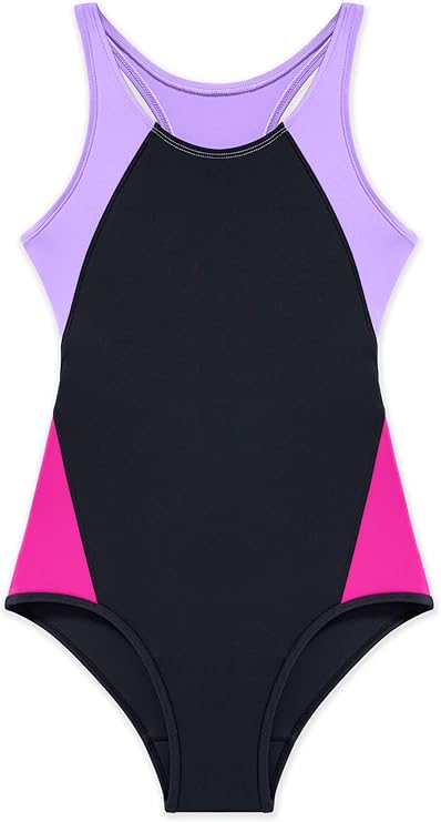 Beautikini Period Swimwear One Piece Leakproof Menstrual Swimsuit Racerback Color Block Bathing Suit for Teen Girl Purple SMALL
