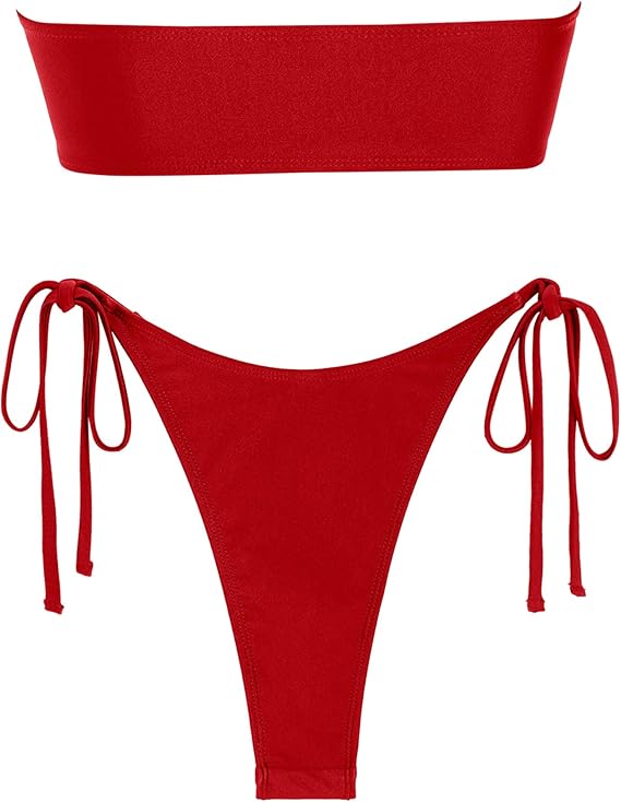 ZAFUL Womens Two Piece Bathing Suit Bandeau Bikini Set High Cut Tie Side Bikini Bottom Metal Ring Swimsuit Shiny Red LARGE