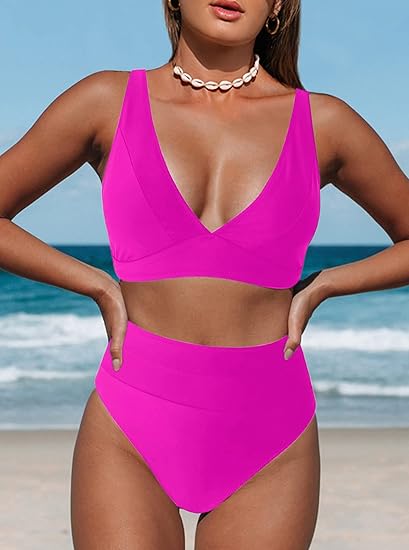 Hilinker Women's Bikini Swimsuits V Neck High Waisted 2 Piece Bathing Suits (as1, Alpha, m, Regular, Regular, Shiny DeepPink)