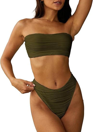 ZAFUL Women Strapless Textured Bandeau Bikini 2 Piece Swimwear Cheeky Solid Lace up Bathing Suits(1-ArmyGreen,M)