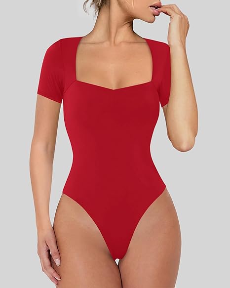 Chunpin Women's Square Neck Mesh Short Sleeve Bodysuit Outfits Tops Sexy Thong Bodysuit Red SMALL