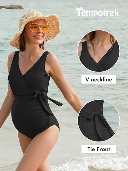 Tempotrek Maternity Swimsuit One Piece Elegant V Neck Pregnancy Swimwear Tie Front Bowknot Bathing Suit Monokini MEDIUM
