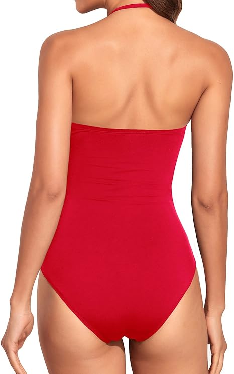 Holipick Women Red Bandeau One Piece Swimsuits Tummy Control Bathing Suits Halter Strapless Swimwear XS