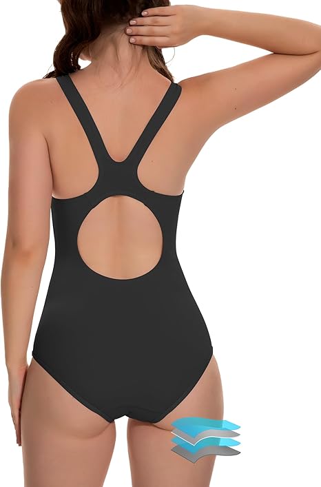 Beautikini Period Swimwear One Piece Racerback Training Bathing Suit Women Period Swimsuits for Teen Girls Ages 11-14(Black Medium)