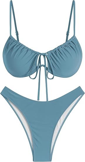 ZAFUL Swim Suits for Women 2025 High Cut Bikin Swimsuit String Two Piece Push Up Underwire Bathing Suit Teen Girl Cheeky Cut Out Lace Up Cute Swimwear Haze Blue M