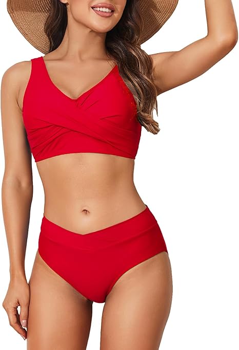 Limeeke Women's High Waisted Bikini Set Twist Front Two Piece Swimsuit Lace Up Tie Back Bathing Suits Red XL