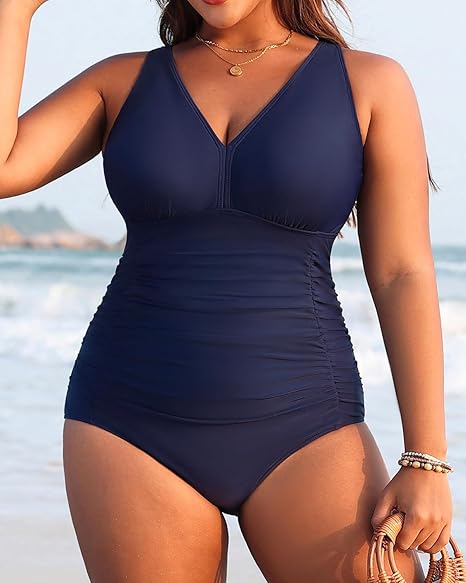 Aqua Eve Women Plus Size One Piece Swimsuits V Neck Tummy Control Bathing Suits Retro Ruched Swimwear Blue 18 Plus
