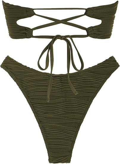 ZAFUL Women Strapless Textured Bandeau Bikini 2 Piece Swimwear Cheeky Solid Lace up Bathing Suits(1-ArmyGreen,M)