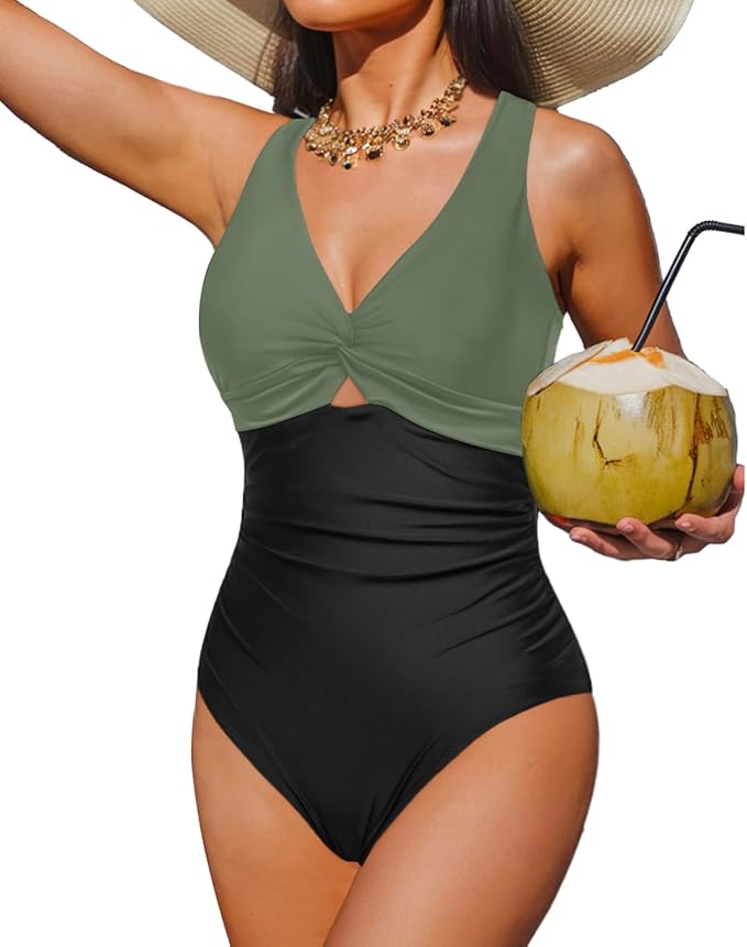 Aqua Eve Women One Piece Swimsuit - Tummy Control Push Up Bathing Suit Cut Out Swimwear 2025 Olive Green Small