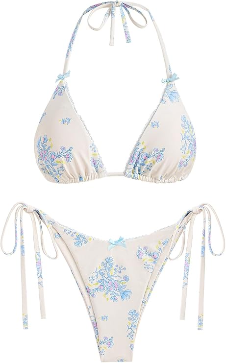 ZAFUL Triangle Bikini for Women 2 Piece Halter Bikini Sets Sexy High Cut Bathing Suit Side Tie Swimsuits White Bow Tie S