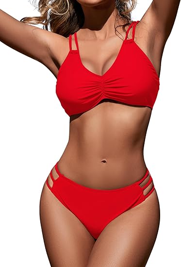 Zilcremo Women Two Piece Bikini Double Strap Swimsuits Hollow Out Bathing Suit Mid Waist Bikini Sets Red M