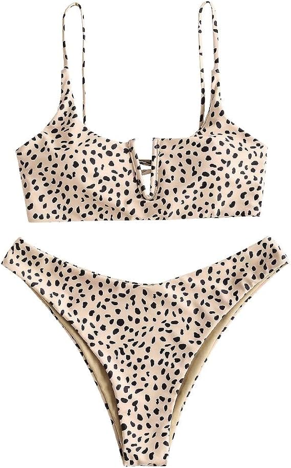 ZAFUL Womens Two Piece Swimsuits Animal Print V-Notch Reversible Bikini Set SMALL