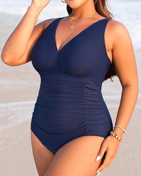 Aqua Eve Women Plus Size One Piece Swimsuits V Neck Tummy Control Bathing Suits Retro Ruched Swimwear Blue 18 Plus