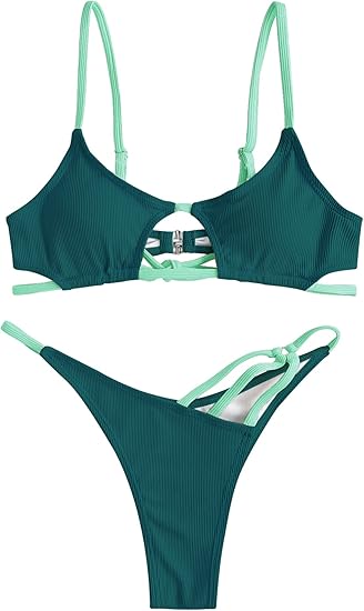 ZAFUL Women's Sexy Cutout Bikini Thong Bikini Set Color Block Swimsuit Tie Back Two Piece Swimsuit Bathing Suit (2-A-Deep Green,L)