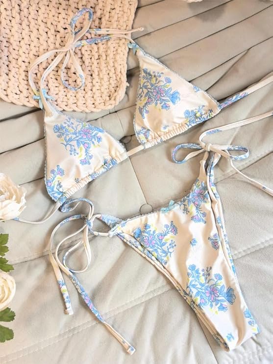 ZAFUL Triangle Bikini for Women 2 Piece Halter Bikini Sets Sexy High Cut Bathing Suit Side Tie Swimsuits White Bow Tie S