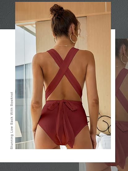 MOLYBELL Women One Piece White Swimsuits, High Waitsted Ribbed Plunge Bathing Suit for Tummy Control Monokini (Dark Red, Small)