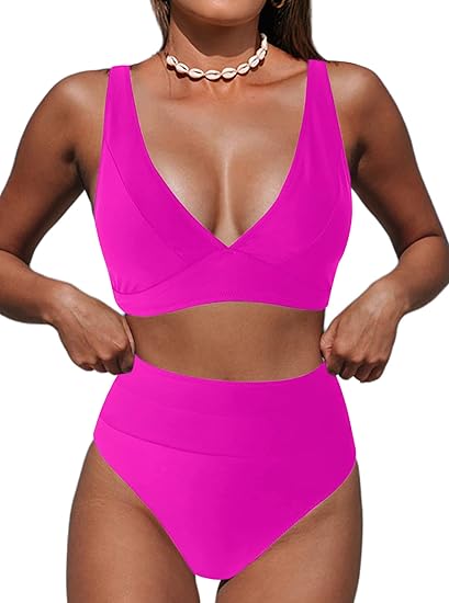 Hilinker Women's Bikini Swimsuits V Neck High Waisted 2 Piece Bathing Suits (as1, Alpha, m, Regular, Regular, Shiny DeepPink)