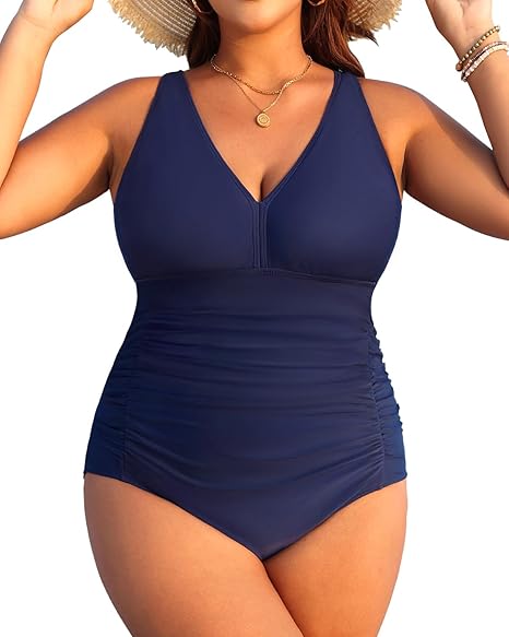 Aqua Eve Women Plus Size One Piece Swimsuits V Neck Tummy Control Bathing Suits Retro Ruched Swimwear Blue 18 Plus