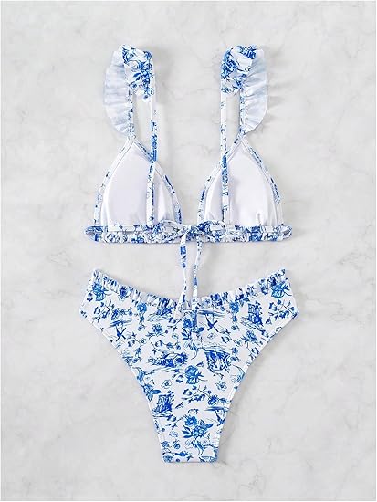 RoseSeek Women's 2 Piece Bikini Sets High Cut Ruffle Trim Triangle Floral Bathing Suit Wireless Tie Back Swimsuit Blue and White Small