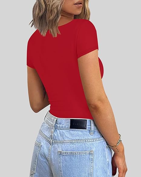 Chunpin Women's Square Neck Mesh Short Sleeve Bodysuit Outfits Tops Sexy Thong Bodysuit Red SMALL