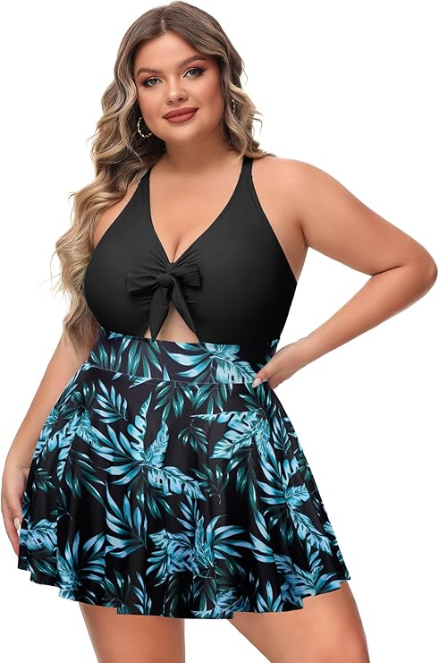 NIeyook Womens Plus Size One Piece Swimsuit with Skirt V Neck Cutout Flowy Swim Dress Tummy Control Bathing Suit 14 PLUS