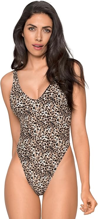 RELLECIGA Women's Leopard High Cut Low Back One Piece Swimwear Bathing Suits Size Large