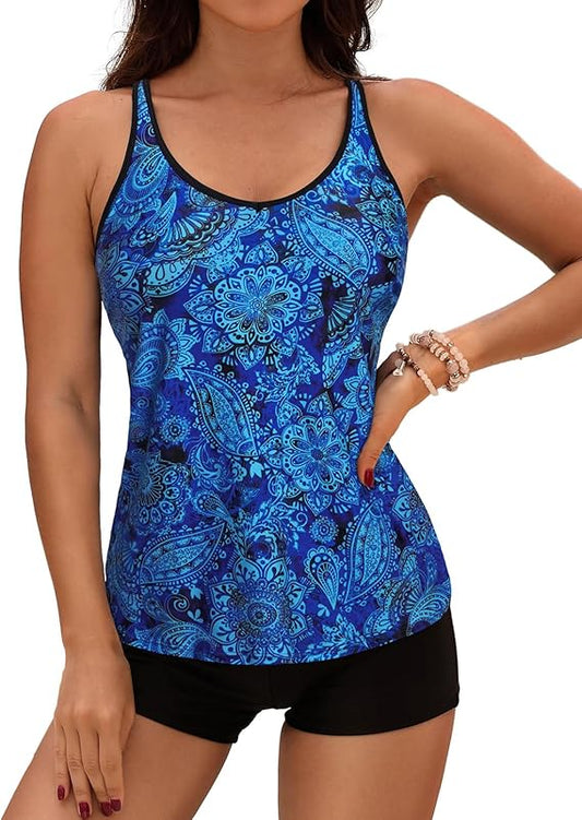 Yonique 2 Piece Tankini Swimsuits for Women with Boy Shorts Athletic Swim Tank Top Bathing Suits Blue Paisley XXL