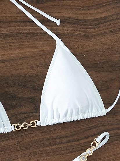 SHENHE Women's Sexy Bikini Sets Ring Triangle Tie Bathing Suits 2 Piece Swimsuit Chain Linked White L