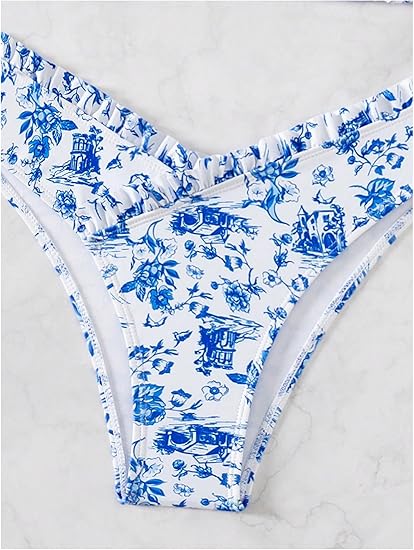 RoseSeek Women's 2 Piece Bikini Sets High Cut Ruffle Trim Triangle Floral Bathing Suit Wireless Tie Back Swimsuit Blue and White Small