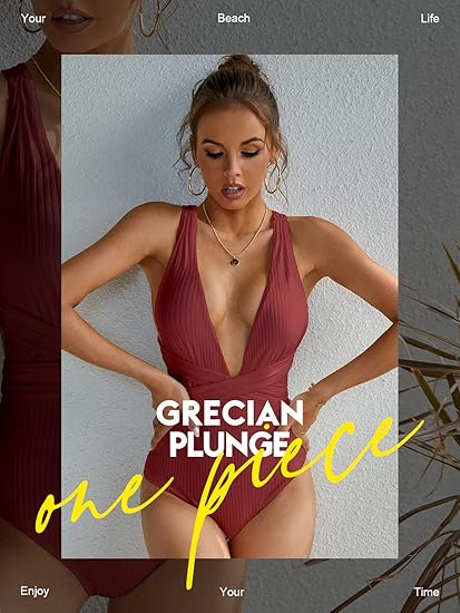 MOLYBELL Women One Piece White Swimsuits, High Waitsted Ribbed Plunge Bathing Suit for Tummy Control Monokini (Dark Red, Small)