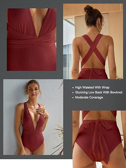 MOLYBELL Women One Piece White Swimsuits, High Waitsted Ribbed Plunge Bathing Suit for Tummy Control Monokini (Dark Red, Small)