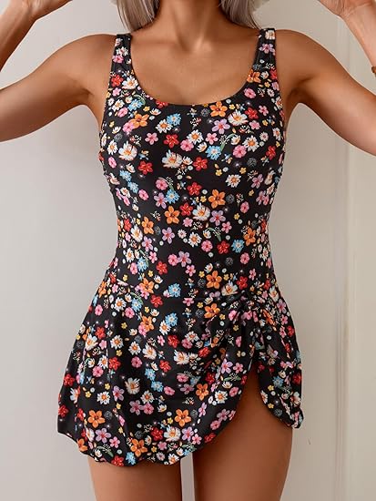 Eomenie One Piece Swimdress Swimsuits for Women Tummy Control Swim Dresses Skirt Bathing Suit Black Floral SMALL