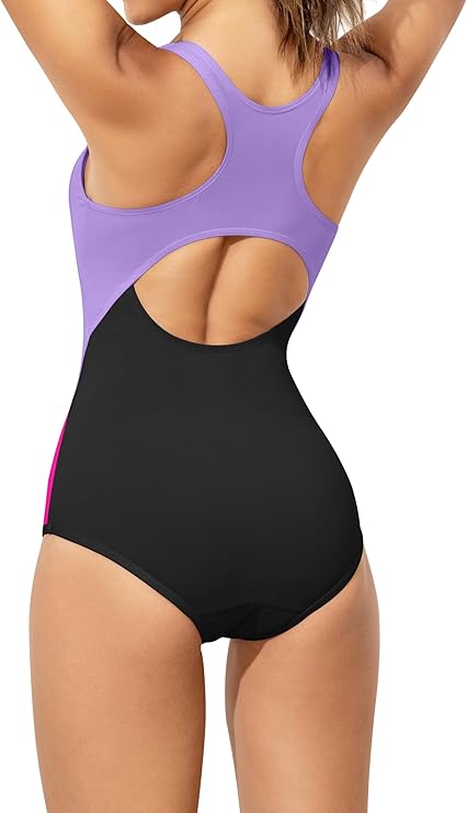 Beautikini Period Swimwear One Piece Leakproof Menstrual Swimsuit Racerback Color Block Bathing Suit for Teen Girl Purple SMALL