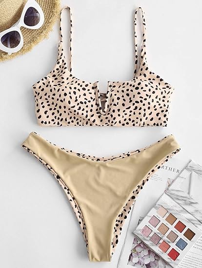 ZAFUL Womens Two Piece Swimsuits Animal Print V-Notch Reversible Bikini Set SMALL