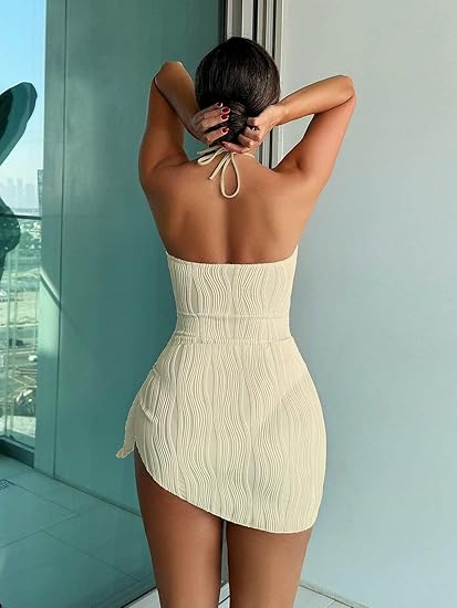 SKAYS Womens One Piece Swimsuit Texture Hollow Out Halter Neck Solid Color Bathing Suit with Cover-Up 2-Piece Sets Swimwear Apricot S