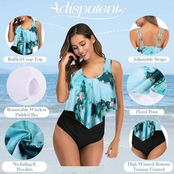 Womens High Waisted Swimsuits Flounce Swimwear Racerback Tankini Tummy Control Bikini Bottoms Vintage Two Piece Modest Bathing Suits Green Gold L